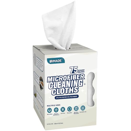 UNIMADE Microfiber Cleaning Cloth, 75 Sheets Microfiber Towels for Cars Commercial Grade Washcloths Lint-Free Bulk Shop Towel Cleaning Rags for Household Restaurant Garage Housekeeping, 11"x 9", White