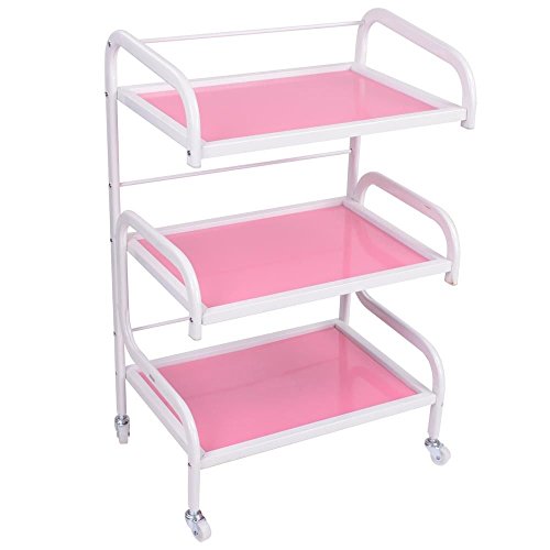 AW Rolling Trolley Glass Cart Barber Hair Salon Beauty Spa 3 Shelves 4-Wheel Equipment Tool Pink