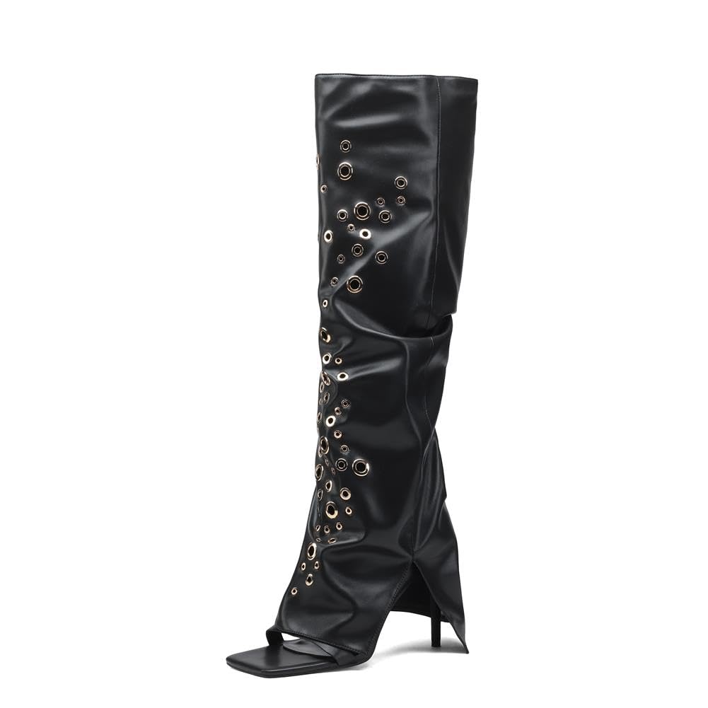 keleimusi Womens Thong Square Toe Heeled Boots Fold Over Silver Studs Knee High Boot