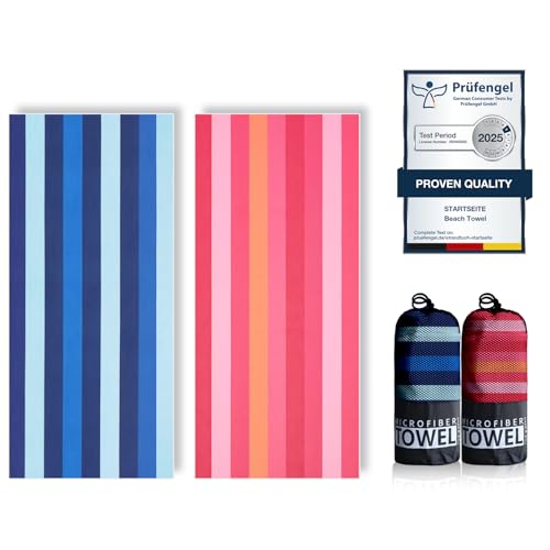 Microfibre Beach Towels for Adults - 200x90cm 2 Pack Extra Large Beach Towels in Gift Boxed 250 GSM Sand Free Lightweight & Quick Dry Beach Towel for Swim Travel and Gym(Pink Stripe & Blue Stripe)