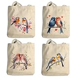 SDFBFVSA 4 Pcs Vintage Bird Canvas Tote Bags, Reusable Retro Floral Bird Design Handbag, Grocery Bags Shopping Beach Shoulder Bag for Women Friend Sister Coworker Birthday Christmas Mothers Day Gifts