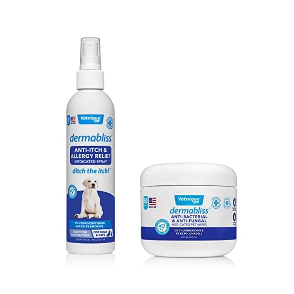 VETNIQUE Dermabliss Anti-Itch & Allergy Relief Spray for Dogs (8oz) & Medicated Pet Wipes for Dogs (50ct) Bundle