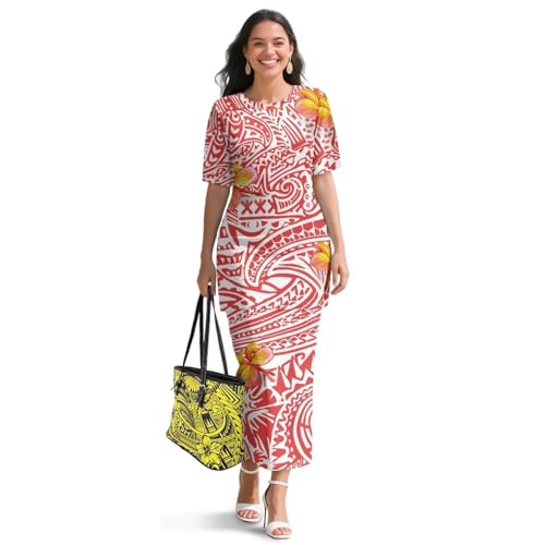 Polynesian Puletasi Samoa Dress for Women Summer Short Sleeves Long Skirt Set Island High Waist Maxi Skirts