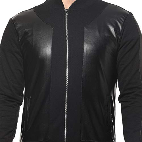 Image of CAHOOT Men's Cotton Jet Black With Patchwork Zip Through Jacket | Structured High- Quality Jacket with Low-Cut Standing Collar, Regular Full Sleeves And Stretchable Fabric For Casual Wear