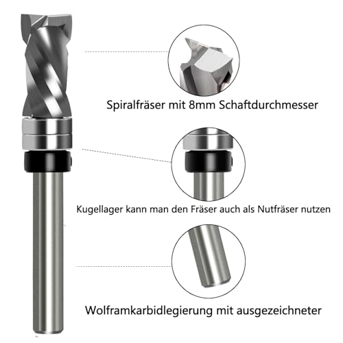 Bündigfräser Spiralfräser 8mm Schaft - Up&Down Kompression Spiralnutfräser, 12mm Schnittdurchmesser, 25.4mm Schnittlänge, mit Doppeltem Kugellager, Spiralgenutet OberfräSe Fräser für Holzfräser