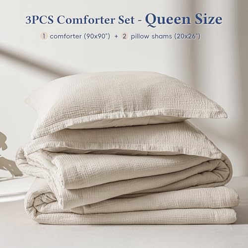 Image of David's Home Cotton Muslin Comforter Set, Queen Size Ultra‑Soft Breathable Summer Bedding, 3Pcs Lightweight 100% Cotton Cover with Polyester Fill, 1 Linen‑Like Comforter & 2 Pillow Shams, Natural