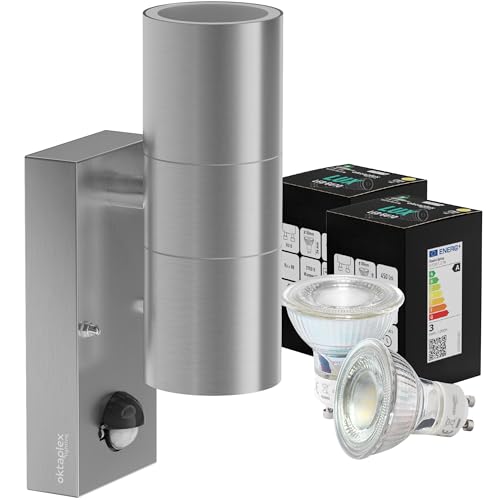 Oktaplex Chile Außenwandleuchte mit Bewegungsmelder Edelstahl inkl. 2x GU10 Leuchtmittel warmweiß 2700K Wandlampe IP44 Up and Down Leuchte 230V...