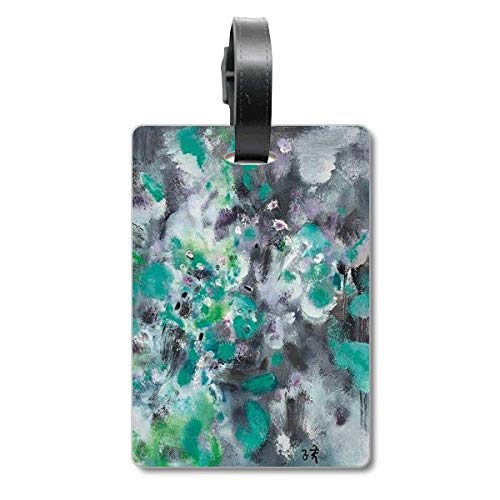 Étiquette de bagage peinture à l'huile verte avec fleur et valise