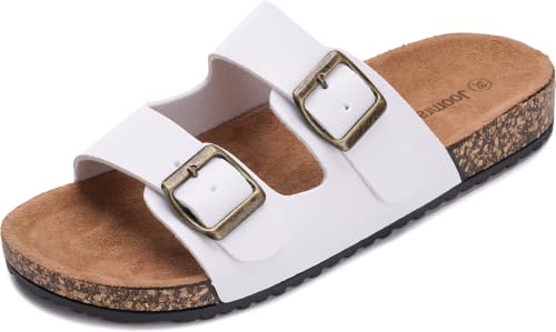 Joomra Women's Cork Footbed Slides Size 6 Adjustable Buckle Sandals White | Fashion Summer Slippers, Natural Arch Support, Faux Leather Upper, Female Daily Comfortable House Vacation Beach Sandles 37