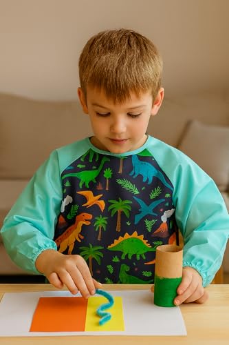 Oiomniv Kinder Malschürze 2 Stück – Wasserdichte Malkittel mit langen Ärmeln und 3 Taschen, waschbare Schürzen für Kinder von 3–8 Jahren