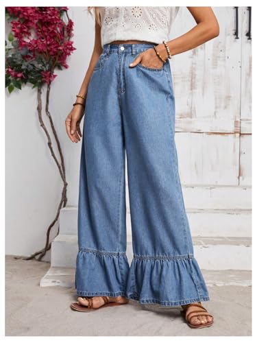 SweatyRocks Women's High Waist Ruffled Hem Wide Leg Baggy Jeans Denim Long Pants4