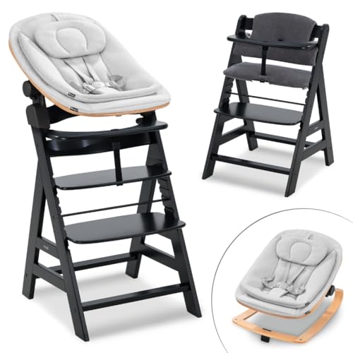 hauck Hochstuhl Alpha+ Newborn Set Eco Bouncer - mitwachsender Holz Babyhochstuhl ab Geburt, inkl. Neugeborenenaufsatz & Sitzpolster - Schwarz