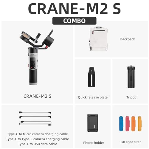 Image of Zhiyun Crane M2S Combo Gimbal Stabilizer for Cameras, Built-in Fill Light, Bluetooth Control, Vertical Shooting, Compatible with Mirrorless Cameras, Smartphones & Action Cameras