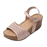 Produktart: SANDAL JOMIX Sommer Sandaletten Damen Keilabsatz Sandalen mit Strasssteine Knopfleiste Bequeme Leder Fußbett Meer Strand Outdoor (02 Rosa, 40 EU)
