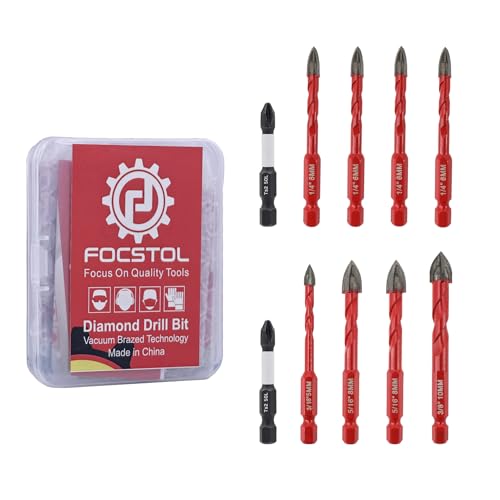 FOCSTOL Diamond Drill Bits Set 10pcs, 3/16''-3/8'' Tile Drill Bit with 1/4 Inch Quick Change Hex Shank for Wood Plastic Masonry Ceramic Tile Glass