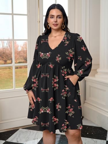 Plus Size Floral Mini Casual Dress with Pockets Long Sleeve V Neck Smocked Flowy Fall Dress for Curvy Women4