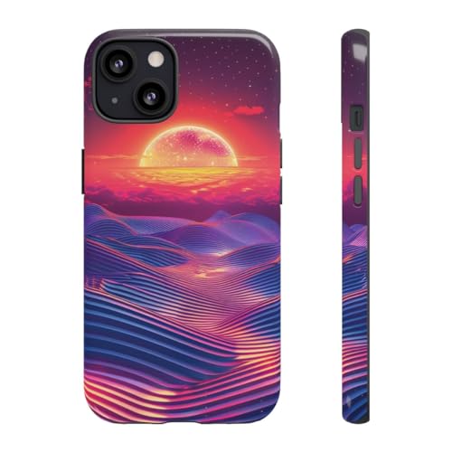 Coque iPhone 13 rigide brillante Vivid Sunset Waves bleu protège votre smartphone