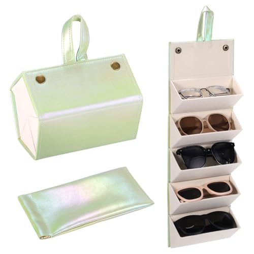 Image of PATIKIL Travel Sunglasses Organizer, 5 Slot Foldable Sunglasses Holder Leather Sunglass Storage Organizer with Pouch