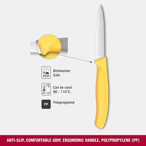 Image of Victorinox Swiss Made, Stainless Steel Swiss Classic Paring Knife, 8 cm, Wavy Edge with Pointed Tip, Professional and Household Use, Kitchen Tools & Items, Yellow, 6.7638.C1 | Multipurpose Knife