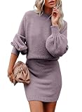 Dokotoo Women's Puff Sleeve Two Piece Knit Outfits Solid Color Crop Top Mock Neck Purple Sweaters...