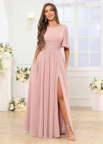 Women's Bridesmaid Dresses with Slit Flutter Sleeve Scoop Neck Chiffon Formal Wedding Guest Dress with Pockets2
