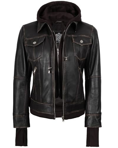 Image of Womens Leather Jacket with Detachable Hood - Real Lambskin Bomber Jacket Thumbholes Women