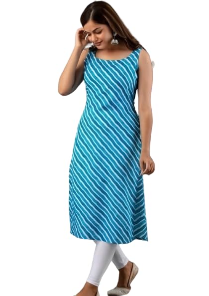 Patlani Women's A-Line-Calf Langth Sleeveless Crepe Kurti. Blue