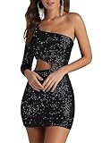 Cadoly Short Homecoming Dress for Teens 2025 Sexy Cutout Black Sequin Mini Prom Dresses Tight One Sleeve Party Gown for Women Black Size 4