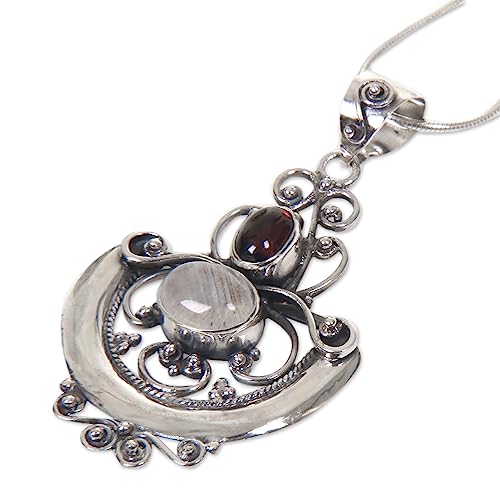 Novica Handmade Rainbow Moonstone Garnet Pendant Necklace Indonesian .925 Sterling Silver Clear Red Birthstone Balinese Traditional 'Arabesque' #TOP2