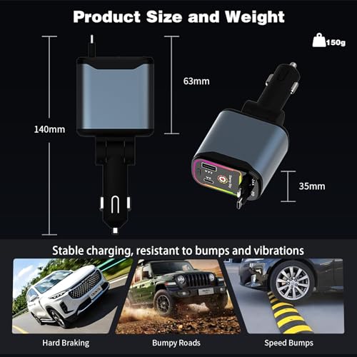 Image of Starlight Retractable Car Charger,66W Fast Car Chargers Adapter 4 in 1 with 2 USB Car Chargers for Phone iPhone 16 /15 /14 /13 /12 /11 and for Android