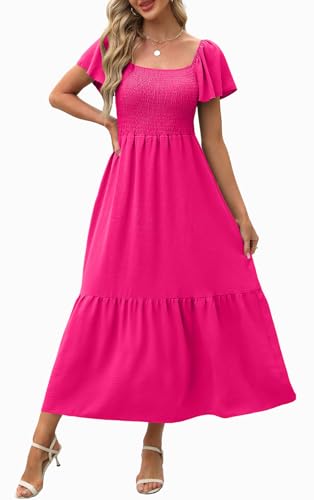 Image of OFEEFAN Summer Dresses for Women Square Neck Ruffle Sleeve Smocked Maxi Dress with Pockets