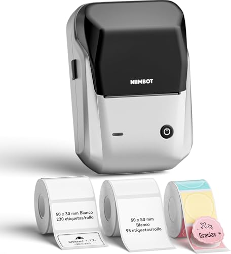 NIIMBOT B1 Etiquetadora Bluetooth con Etiquetas con 3 Rollos de Etiquetas Anchas, Impresora de Etiquetas Adhesivas, Compatible con iOS Android y PC, para Oficina, Tienda, casa, Cocina (Plata)