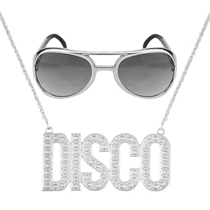 2 Stück 70er 80er Jahre Disco Kostüm Accessoires mit Disco Kette Silber Disco Brille, Sonnenbrille Disco Zeichen Halskette für Herren Damen, Hip Hop Halskette Disco Sonnenbrille für Hippies Karneval