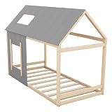 WEALTHOUSE Cama en forma de casa con techo y ventana, moderna cama individual de madera para habitaciones, estructura de cama de pino y MDF con marco estable, abertura de ventana, cama de juegos