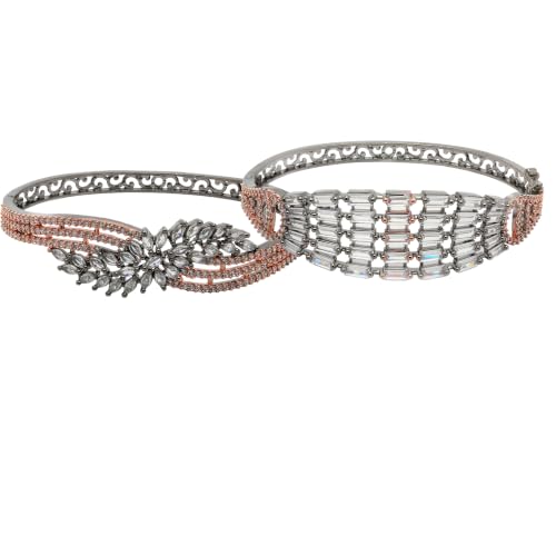 Image of ZENEME Rhodium-Plated Silver Toned American Diamond Studded Contemporary Kada Bracelet For Girls and Women