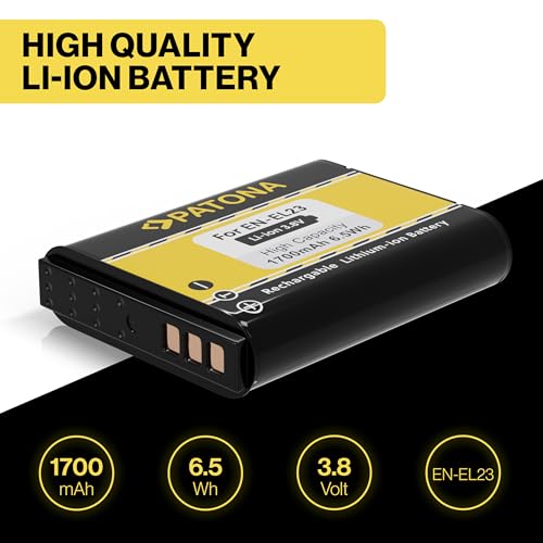 Ficha técnica PATONA EN-EL23 Batería 1700mAh 3.8V 6.5Wh Compatible con Nikon Coolpix B700 P900 P900S P610 P610S P600 S810c batería de Repuesto para los Modelos ENEL23 EN EL23 EL 23 - Fernando Cortés Ficha técnica PATONA EN-EL23 Batería 1700mAh 3.8V 6.5Wh Compatible con Nikon Coolpix B700 P900 P900S P610 P610S P600 S810c batería de Repuesto para los Modelos ENEL23 EN EL23 EL 23 - Fernando Cortés