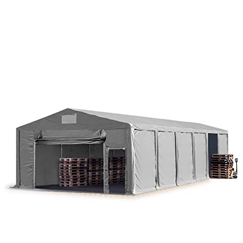 TOOLPORT Lagerzelt Industriezelt 8x12 m Zelthalle mit 3m Seitenhöhe PVC Plane 850 N grau wasserdicht Ganzjahreszelt mit Hochziehtor