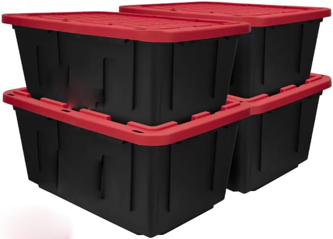 4 Pack 27 Gallon Heavy Duty Plastic Storage Container, Black and Red Large Bin with Snap Lid