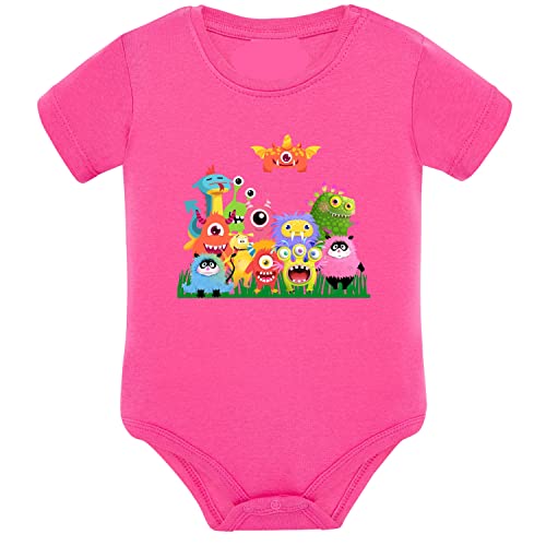 Body bébé manches courtes Monstruits en coton rose vif pour petite fille de 12 à 18 mois