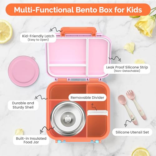 Kids Bento Lunch Box with Soup Thermo (9oz)– Hot & Cold Lunch Container with Leak Proof Insulated Food Jar for School Girls Boys, Ideal Size for Ages 3 to 7, Pink/Orange — view 2