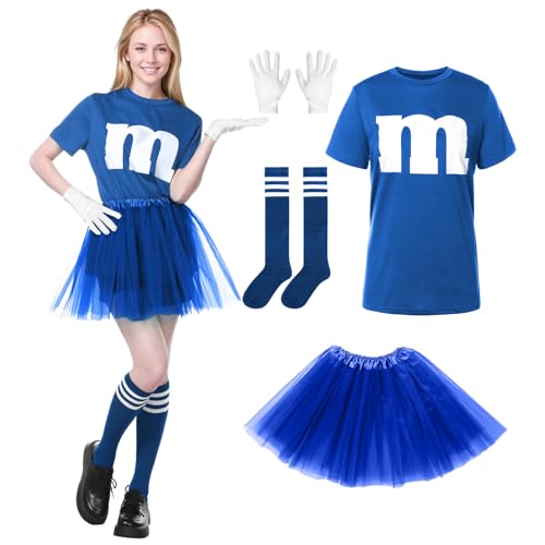 Alaiyaky M und M Kostüm Damen, M Aufdruck Tshirt Faschingskostüme Damen Lustig GruppenKostüm M T Shirt mit Tutu Handschuhe Streifensocken, Karneval Kostüm MM Outfits für Faschings (Blau, S)