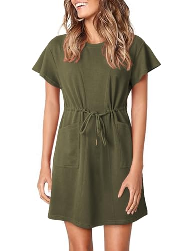 Image of EVALESS Womens Spring Summer Dresses 2026 Casual Round Neck Ruffle Short Sleeve Flowy A Line Mini Dress with Pockets
