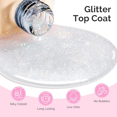 Image of MelodySusie Glitter Gel Top Coat- No Wipe Reflective Iridescent Glitter Top Coat, High Gloss Shine Finish Long Lasting Top Gel Nail Decoration for Home DIY and Nail Salon Gift for Women 0.5fl oz