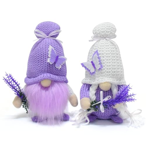 Vytina 2 Pcs Lavender Gnomes Plush Decorations Handmade Lavender Butterfly Gnome Tomte Purple White Spring Summer Ornaments for Farmhouse Home Tiered Tray