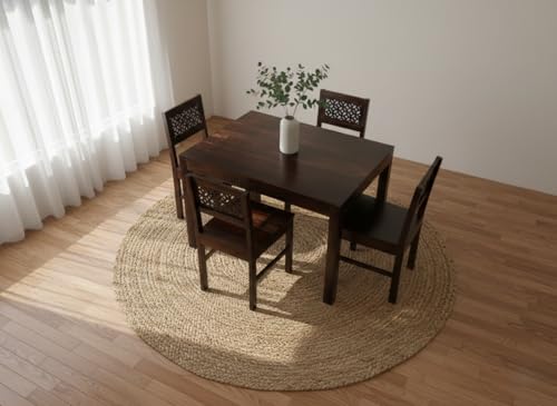 Image of RECTART Solid Wood Dining Table Set with Chairs for Living Room Home | Wooden Dining Room Sets Furniture for Hotels and Restaurants | (CNC-Top-W, 4 Seater)