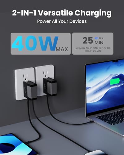 Image of Gitryin 40W USB C Wall Charger with Built-in Retractable Cable, 2-in-1 Foldable Fast Charger Block, Travel Essentials Compatible for iPhone 17 /16 /15, iPad, Galaxy, Pixel, Black