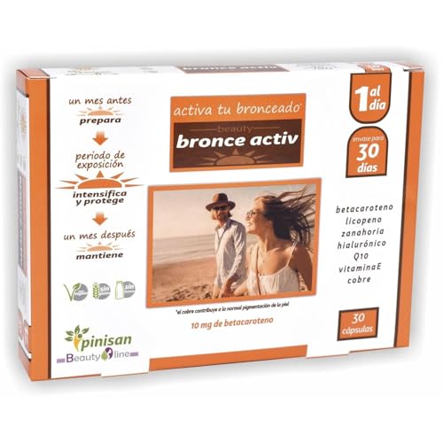 PINISAN Bronce Activ 30 Cápsulas - Contribuye a la Normal Pigmentación de la Piel - Betacaroteno, Licopeno, Zanahoria, Ácido Hialurónico, Vitamina E, Cobre, Coenzima Q10
