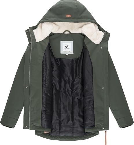 Ragwear Damen Kurzmantel warme wasserdichte Winterjacke mit kuscheliger verstellbarer Kapuze Alvena YOUMODO Dark Olive Gr. M