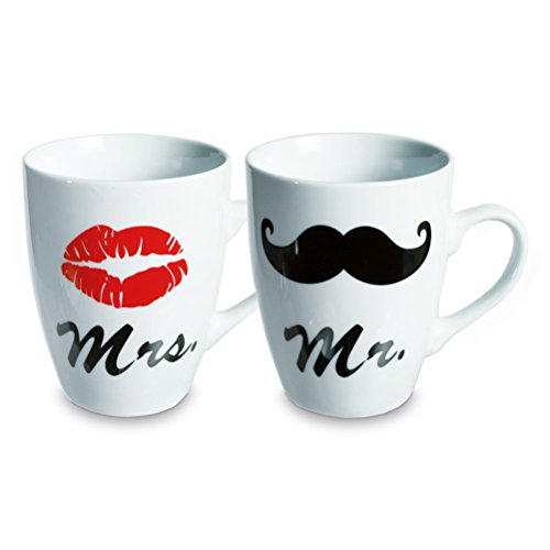 HC-Handel Tazas de porcelana Mr. & Mrs, blanco, 2 unidades, 10 x 8 cm