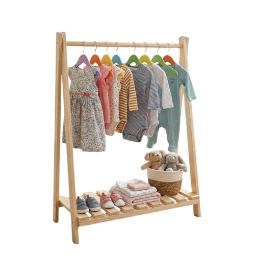 Arara Infantil de Madeira com Prateleira, Organizador de Roupas e Sapatos, Natural